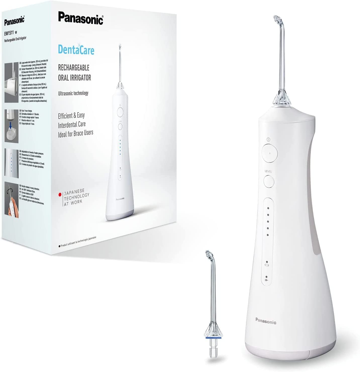Panasonic ew 1211 / ew 1311 / ew 1411 / ew 1251 / ew 1611, advanced water flosser cordless with 5 pressure settings, ultrasonic tooth cleaner & nozzle, 1 hour charge time, compact & portable, rechargeable battery