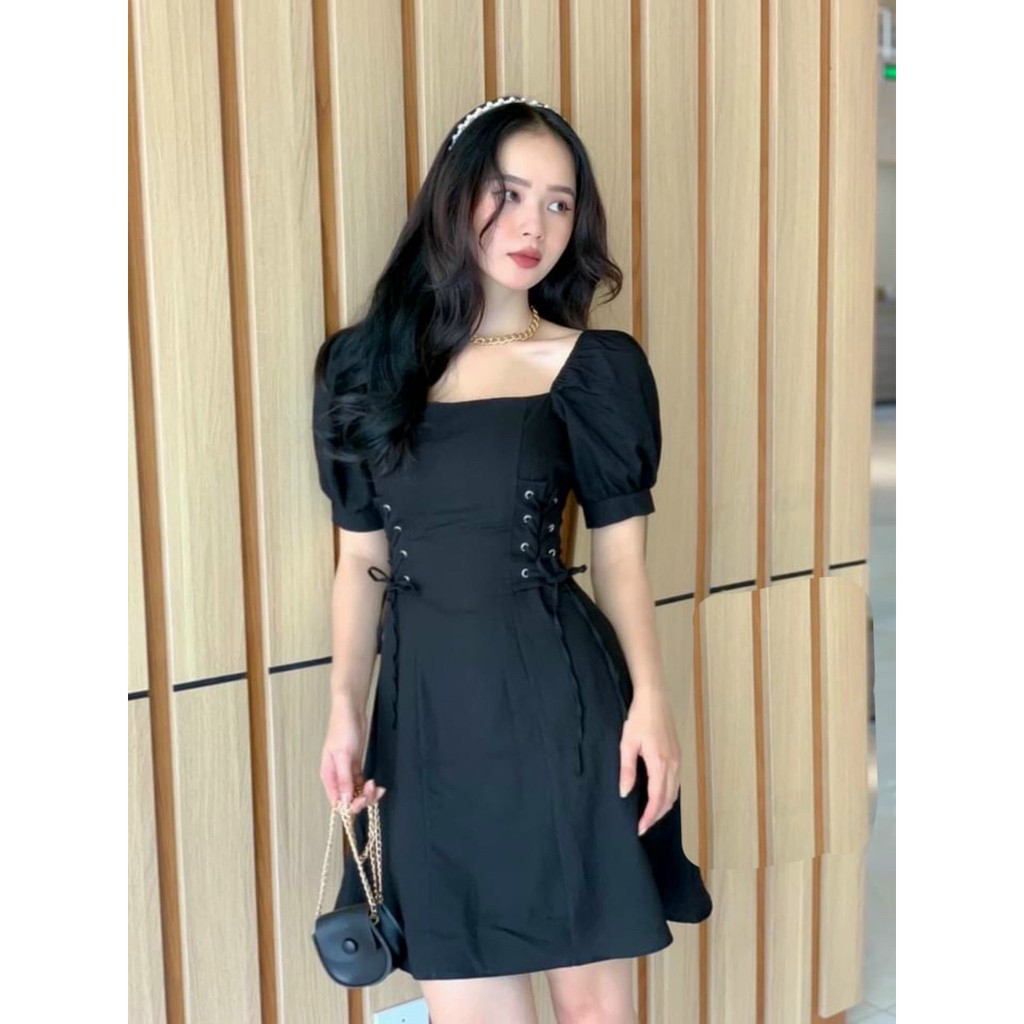 đầm xoè tay phồng cổ vuông đan dây eo phong cách