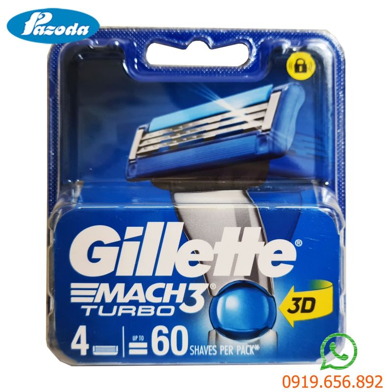 Hộp 4 lưỡi dao cạo râu Gillette Mach 3 turbo ( đầu cạo 3 lưỡi kép) nhập khẩu