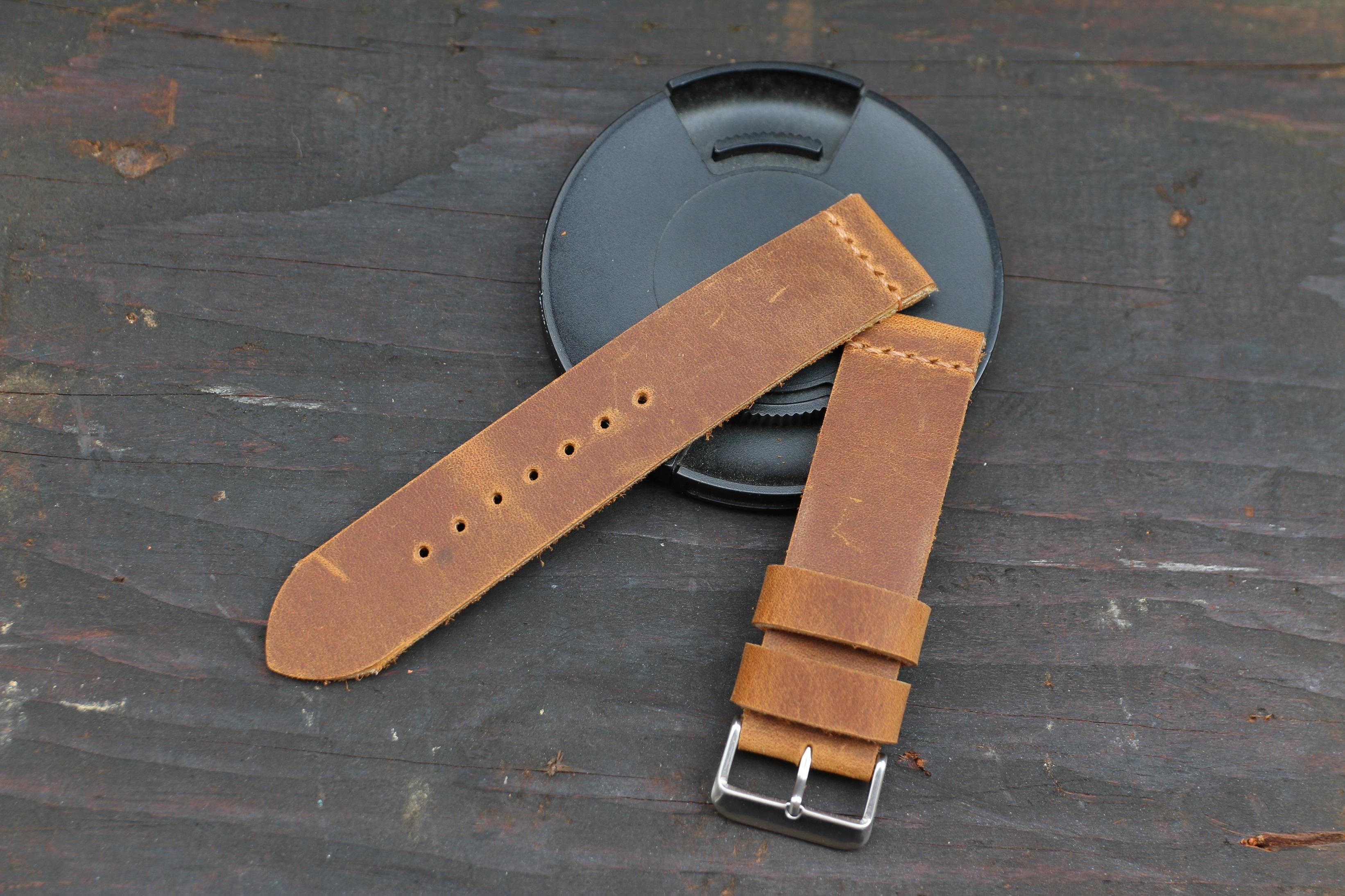 [HCM]Dây đồng hồ da bò sáp - Nâu vàng handmade