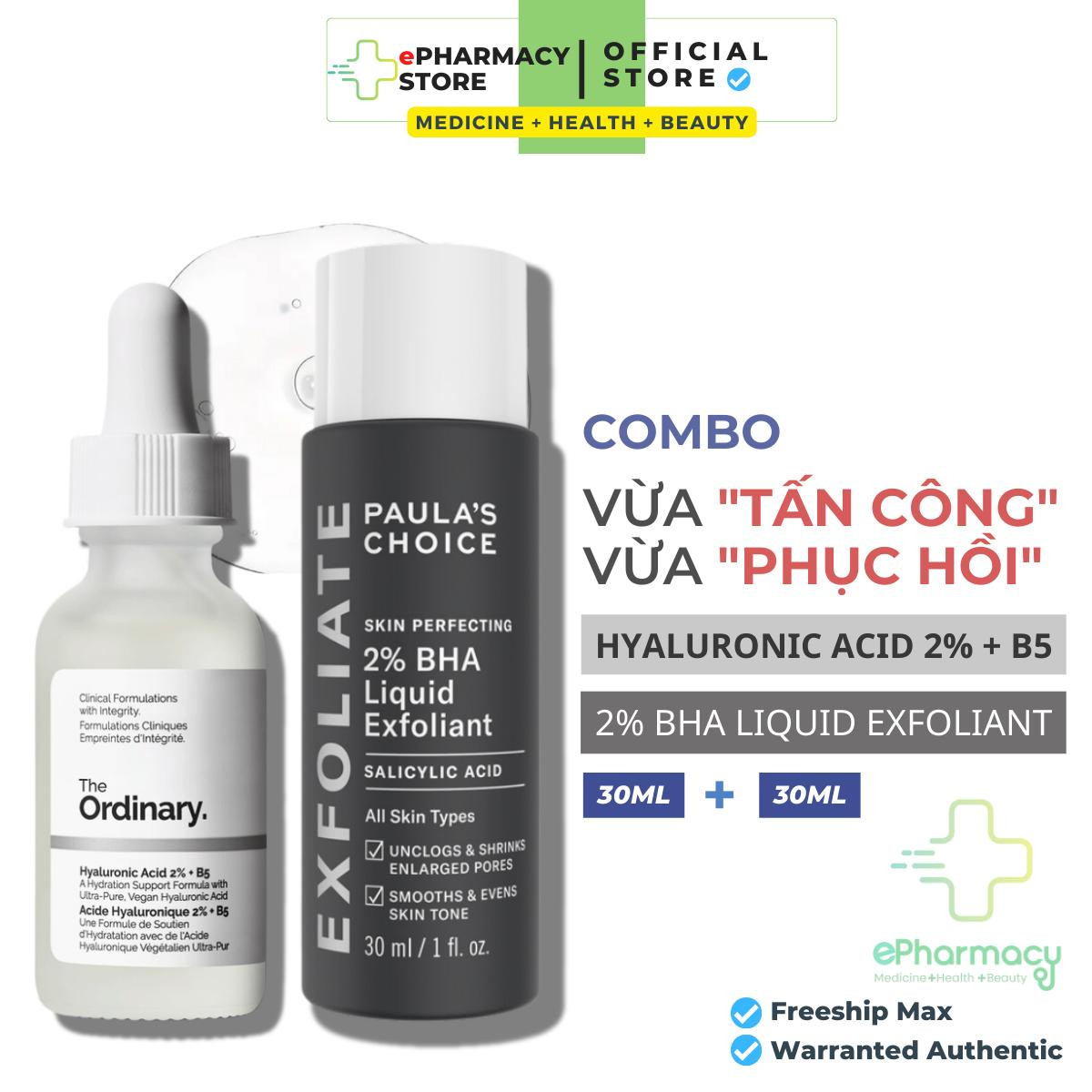COMBO Paula's Choice BHA 2% [30ml] + The Ordinary Hyaluronic Acid 2% + B5 [30ml] giúp giảm mụn ẩn & căng bóng da
