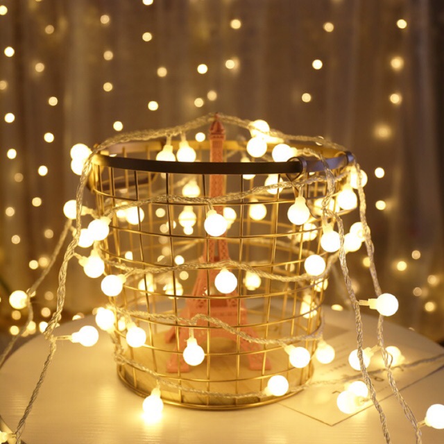 Dây Đèn Led Cherry Ball Bóng Tròn Màu Vàng Nắng Ấm Áp Dùng Pin AA Giá Sỉ