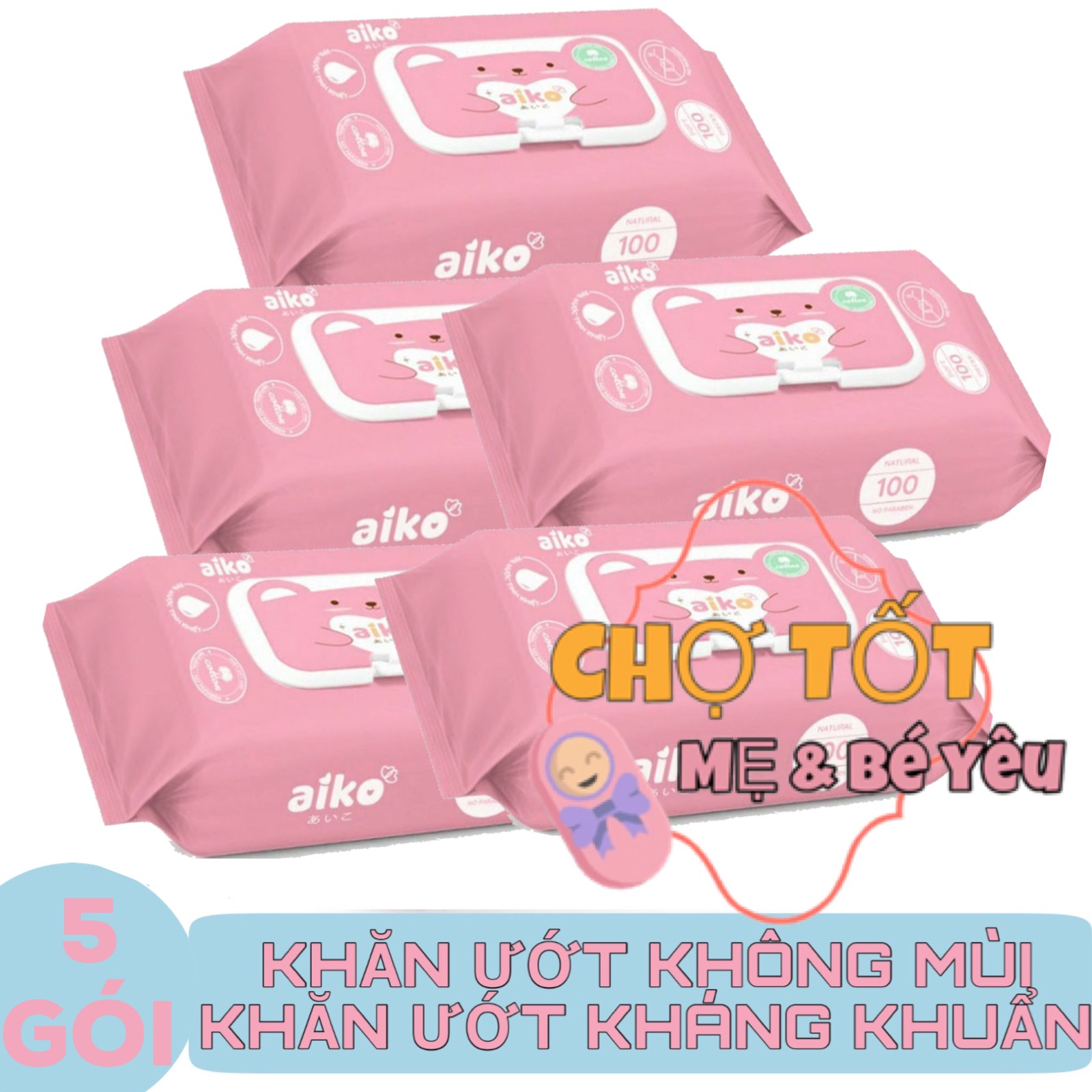Combo 5 gói khăn uớt cho bé aiko 100 tờ không mùi, kháng khuẩn
