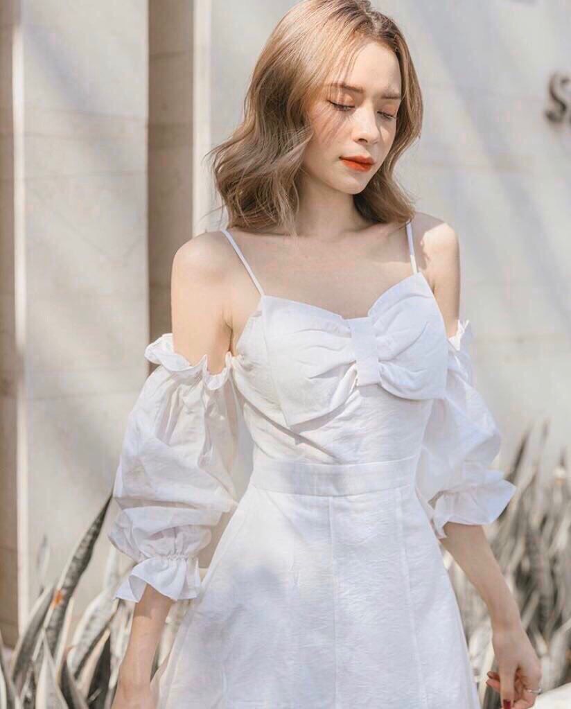 [HCM]Đầm hai dây nơ ngực tay dài phồng