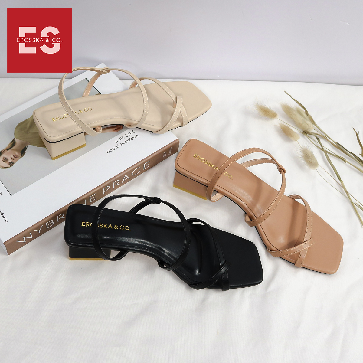 Giày sandal cao gót nữ Erosska kiểu dáng xỏ ngón dây mảnh thời trang cao 5cm màu nude - EB024