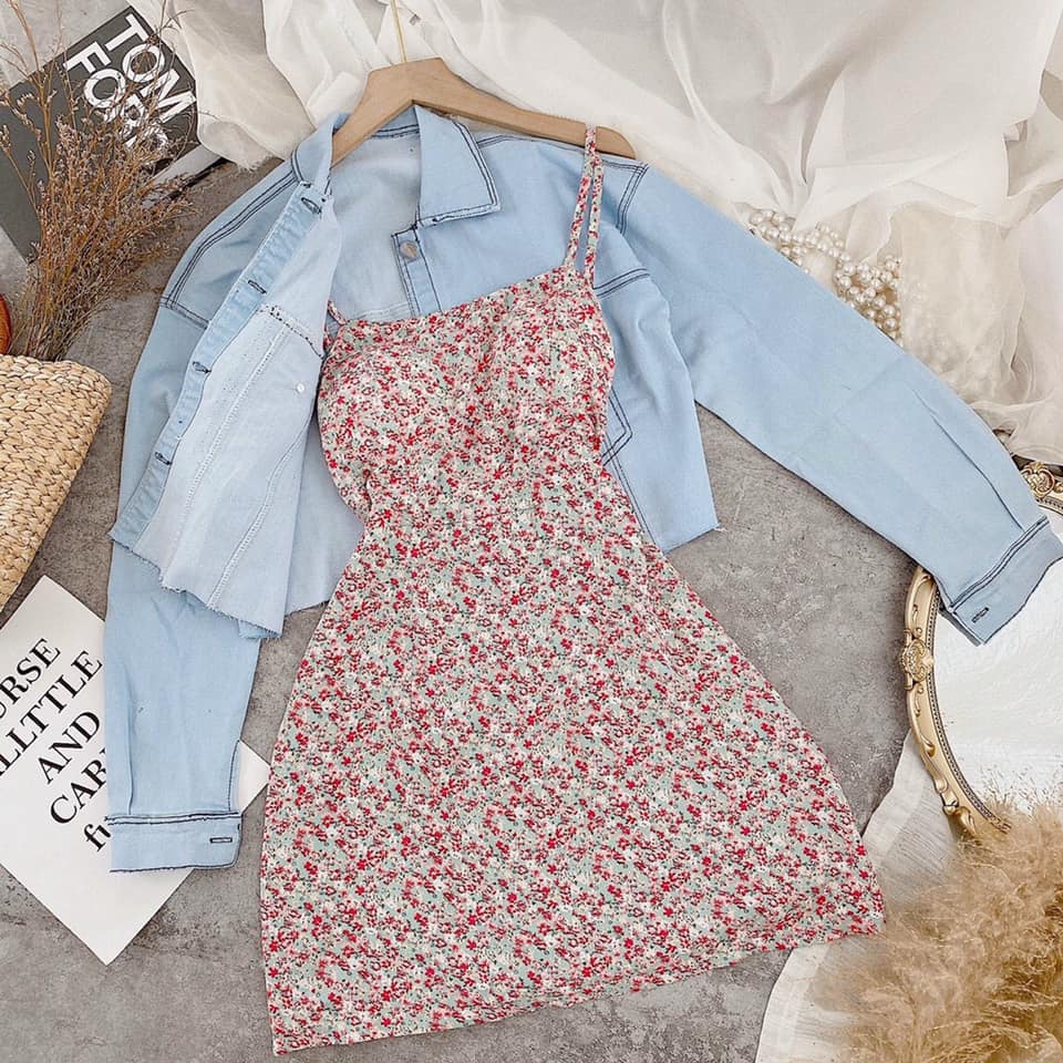 [HCM]Set đầm 2s hoa + khoác crop jean ??