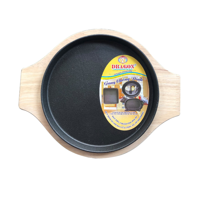 Chảo Gang Tròn Chống Dính 20cm Tặng Kèm Đế Lót Gỗ Dragon