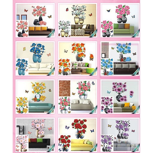 Decal Bình Hoa 3D Hoa nổi Decal Dán Trang Trí Tường,Tủ Lạnh,Kính Loại 1