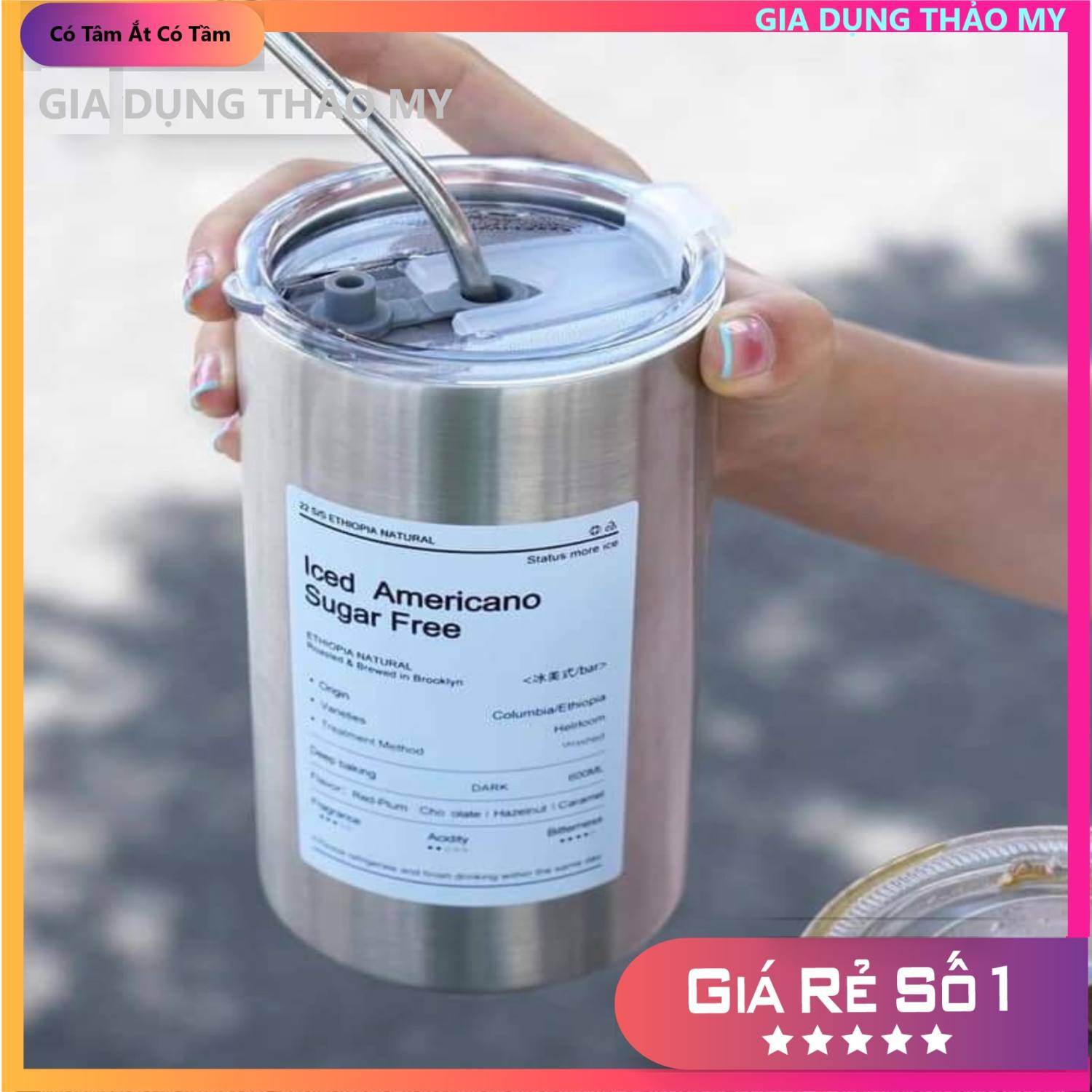 Cốc Uống Nước Giữ Nhiệt 600ML Mini Ly Giữ Nhiệt Inox 304 Có Ống Hút Ly Uống Coffee Hiệu Suất 6-8 Tiếng