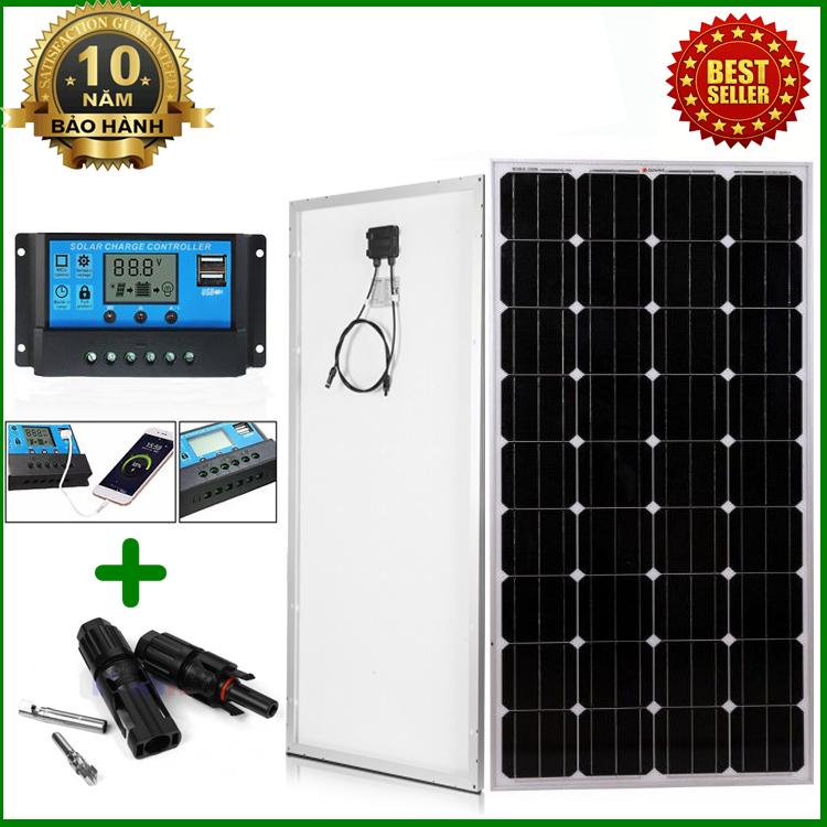 Tấm Pin năng lượng mặt trời đơn tinh thể Mono 150W tặng điều khiển sạc 30A 12V/24V LCD (công suất 360w) + jack MC4