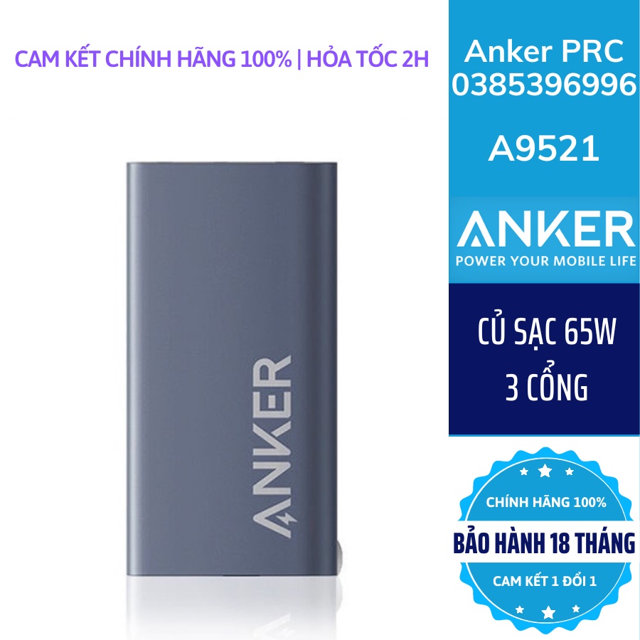 Củ sạc 65w Anker A9521 A9523 GaN 3 Cổng (2*USB-C+1*USB-A)
