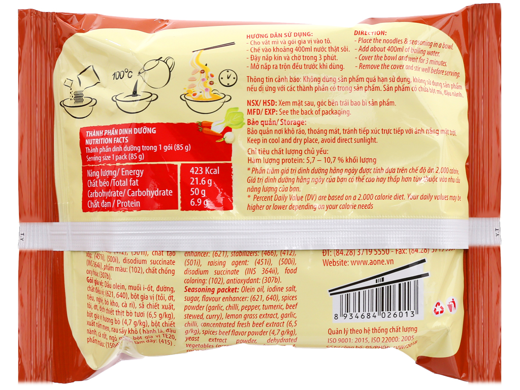 Mì A-One vị bò 85g thùng 30 gói