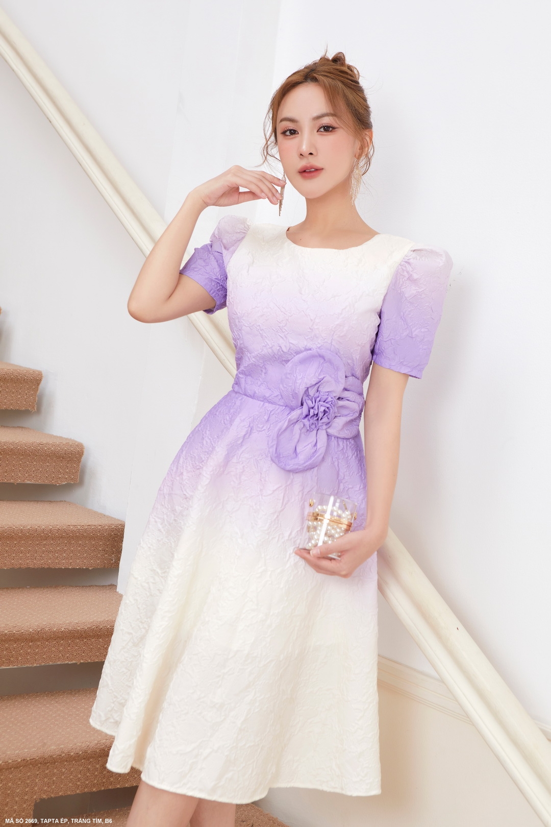 MYDU SHOP | MS 2669 – Đầm Xòe Tím Hoa Eo Dự Tiệc Sang Trọng