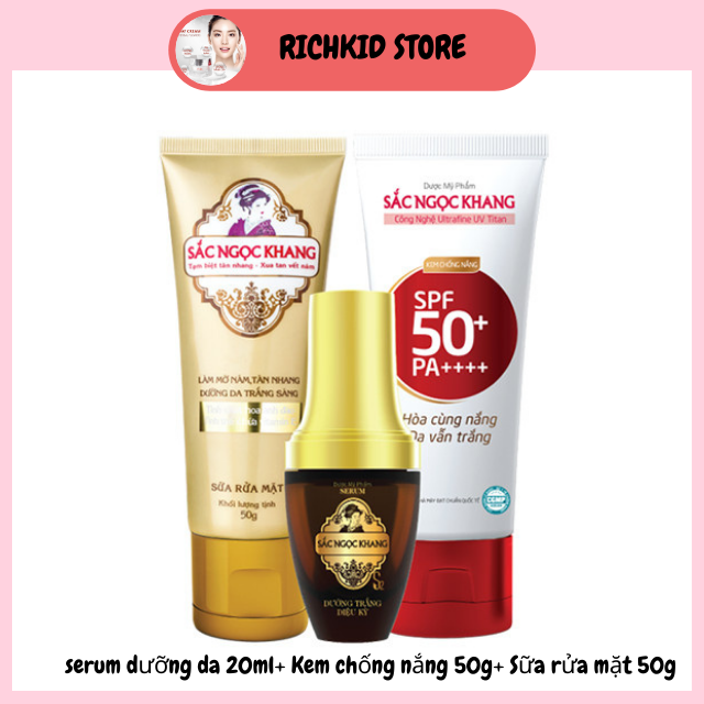 [HCM]Combo dưỡng da 3 món Sắc Ngọc Khang [Serum 20ml + Kem chống nắng 50g+ Sữa rửa mặt 100g]