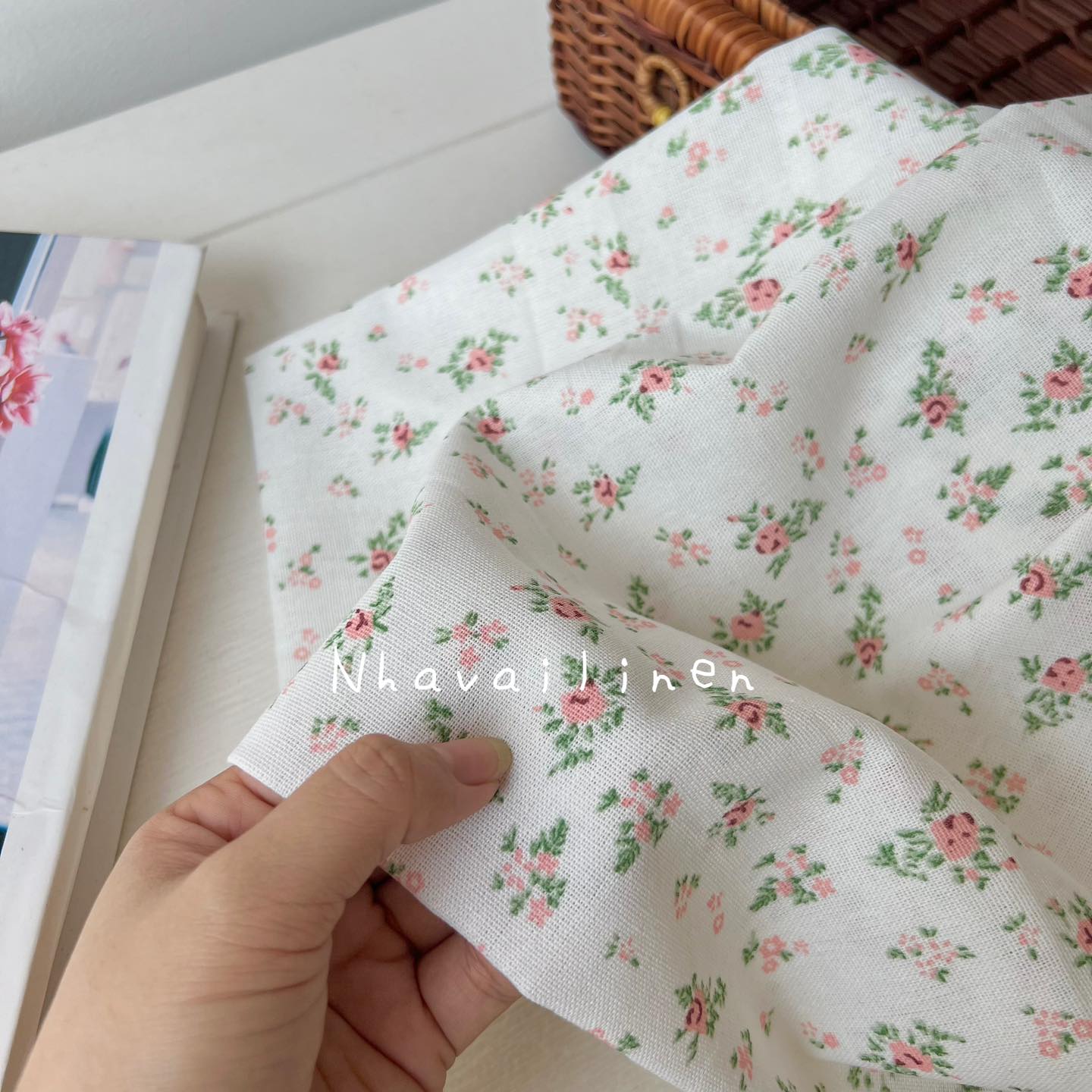 Vải linen bột hoạ tiết hoa cam lá xanh mềm mại độ dày vừa đủ chất liệu an toàn cho da - nhà vải linen
