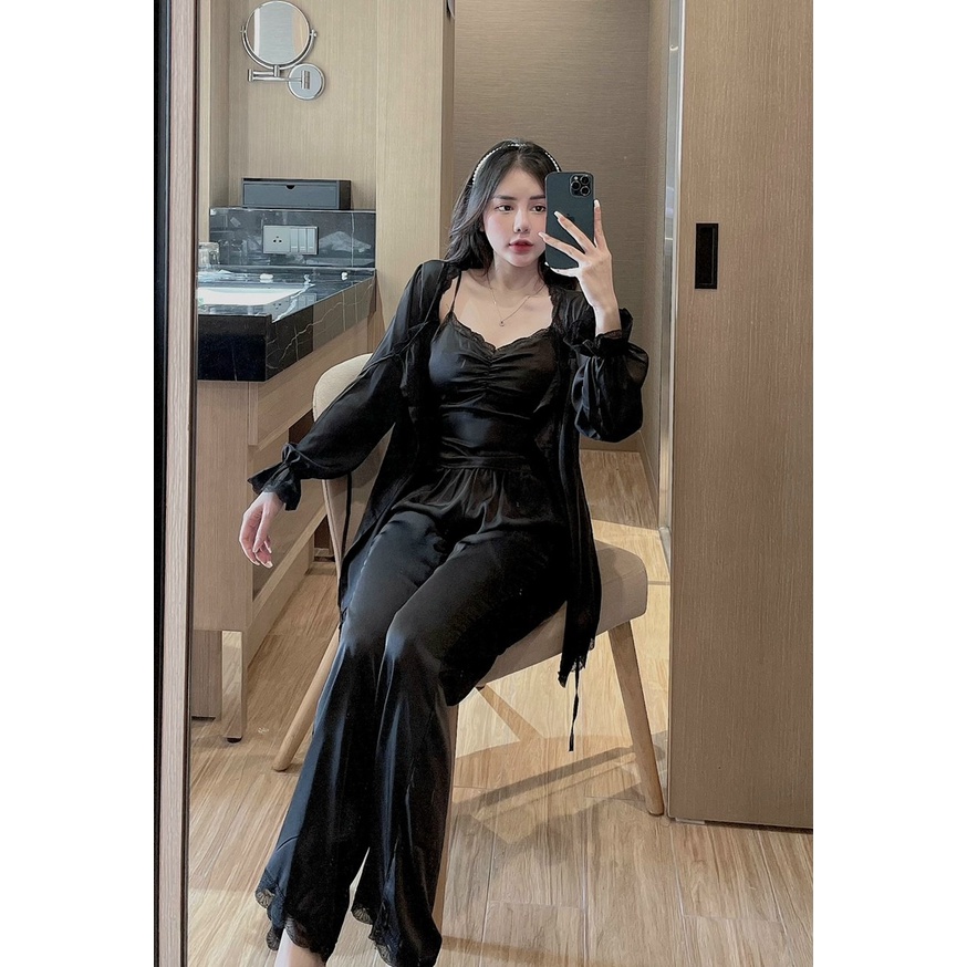 Set Pijama Tiểu Thư Cao Cấp Combo 3 Món Lụa Latin - Đồ Ngủ Nữ Đồ Bộ Freesize