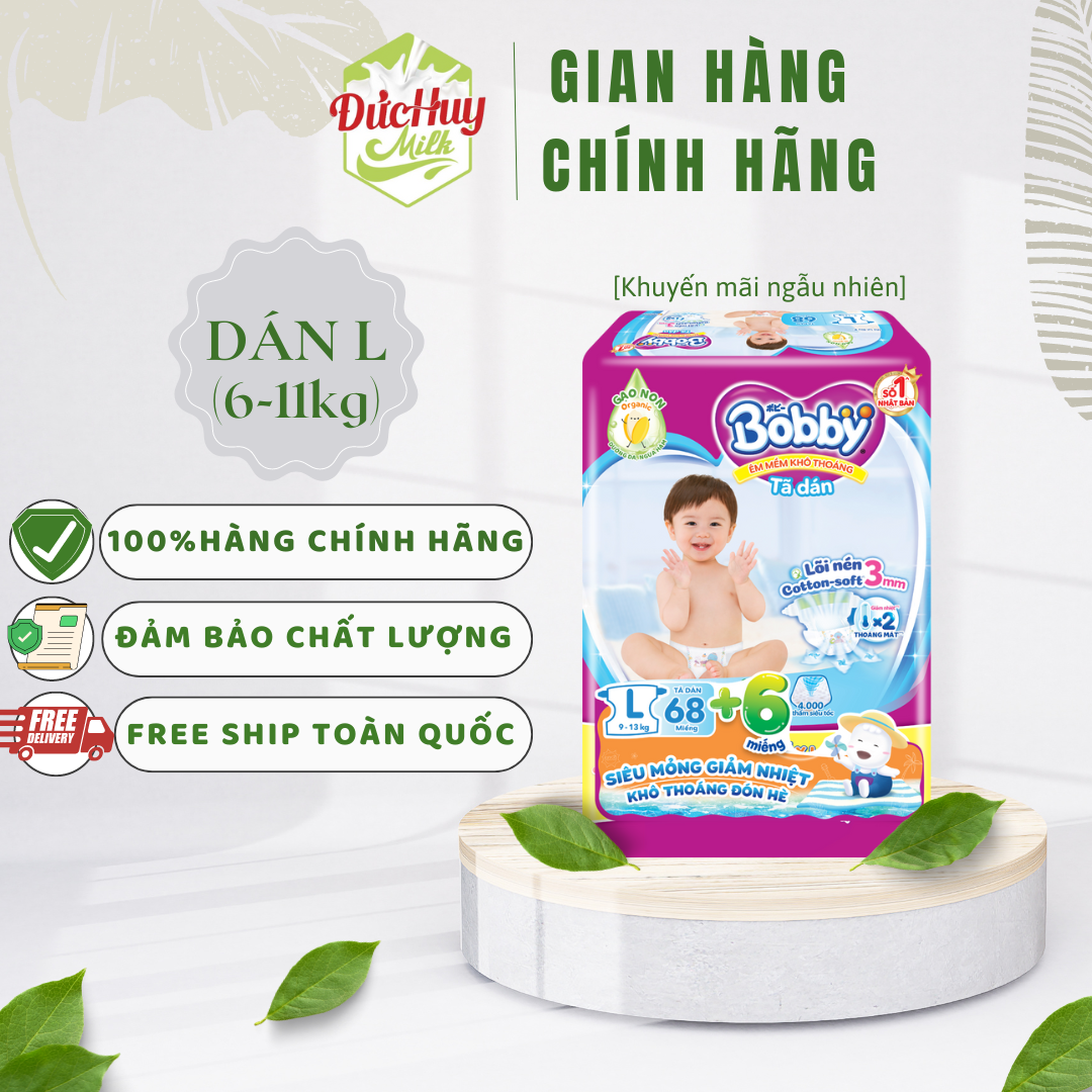 Tã Dán Bobby siêu thấm size L68 cho bé 9-13kg (khuyến mãi tùy thởi điểm)