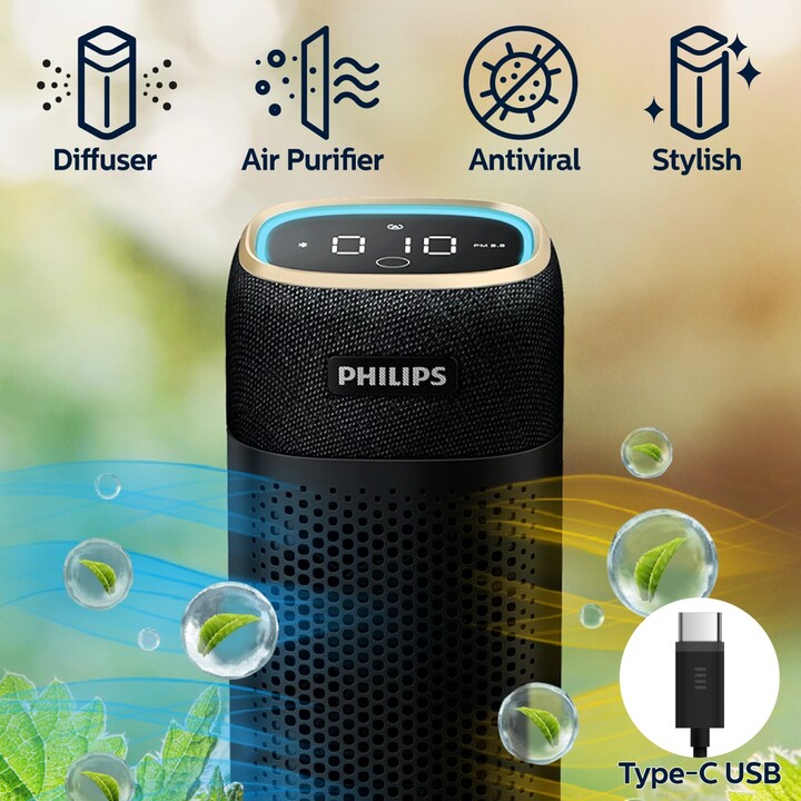 Máy khử mùi và lọc không khí trong ô tô dạng cốc nhãn hiệu Philips S7601 (GP7601, cảm biến chất lượng không khí 3 màu, sử dụng bộ lọc SaniFilter Plus 130 đời mới