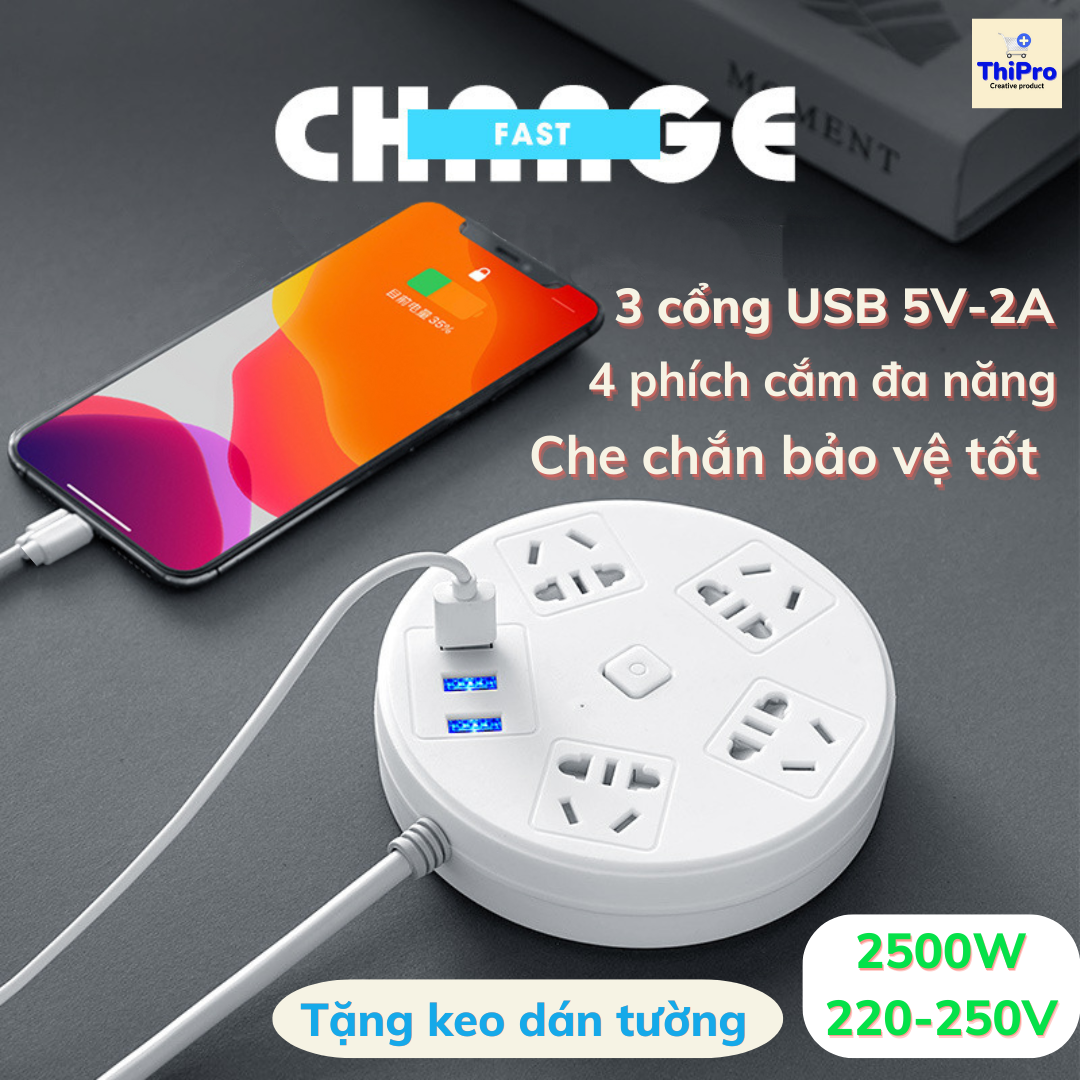 Ổ Cắm Điện Tròn Đa Năng 3 Cổng USB