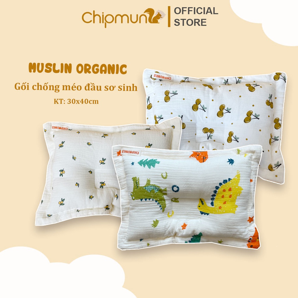 Gối chống méo đầu sơ sinh CHIPMUNK xô organic cao cấp, thấm hút mồ hôi