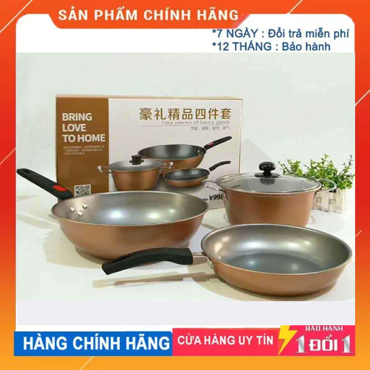 Combo bộ 3 nồi chảo longziwei 1 nồi 2 chảo ,chảo đúc chống dính vân đá hàn quốc sâu lòng size 26cm
