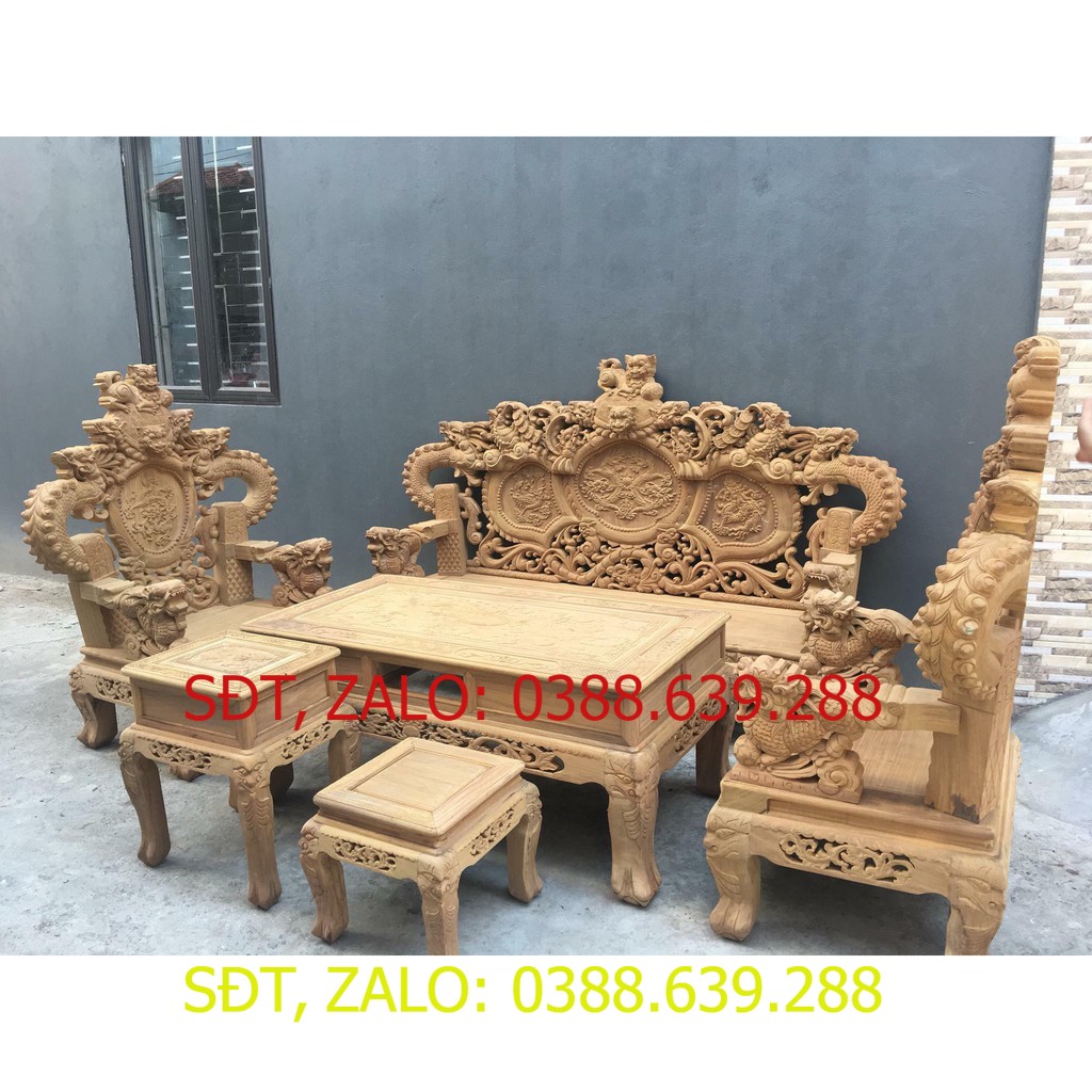 Bộ bàn ghế trạm nghê đỉnh tay khuỳnh vách chữ C gỗ cẩm vàng