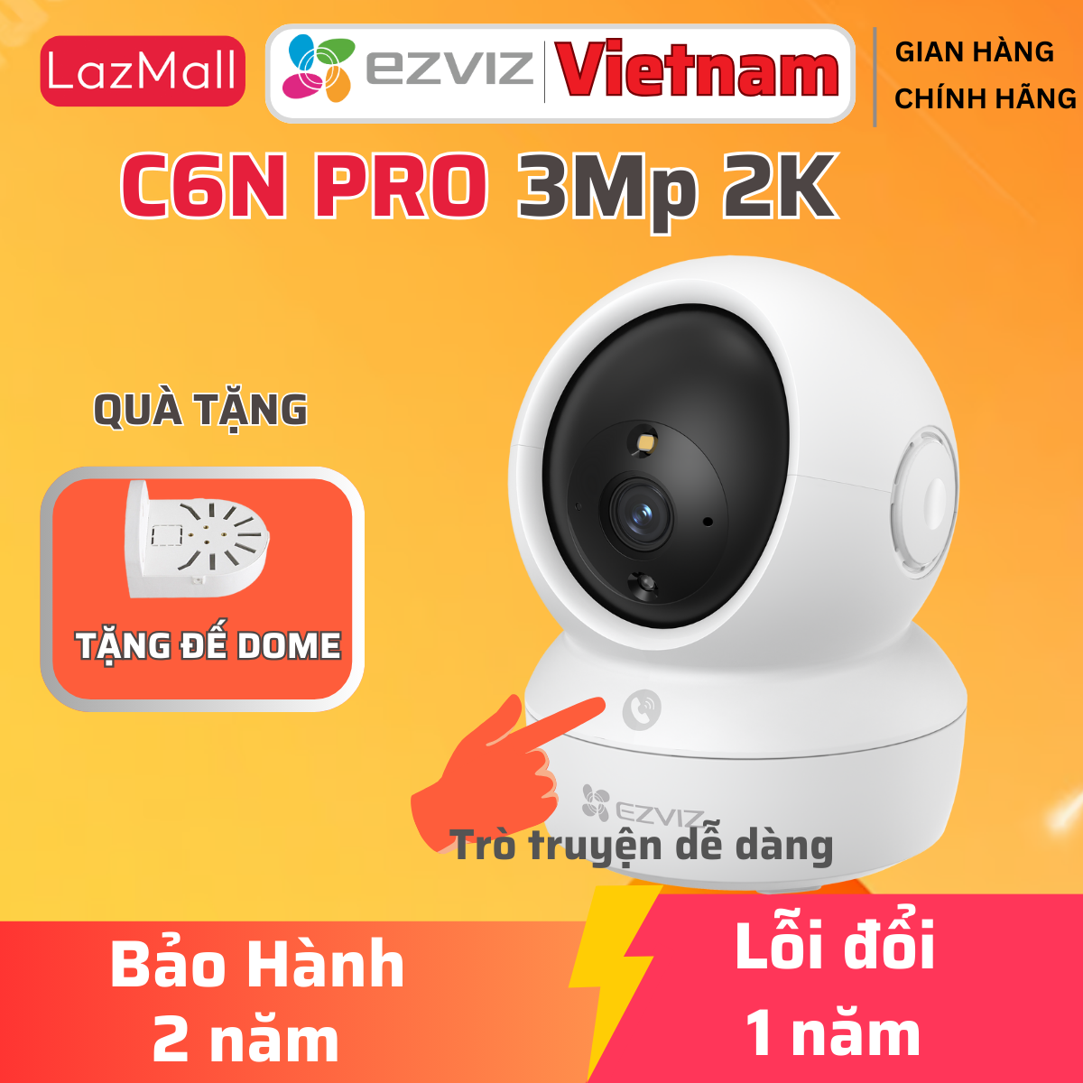 Camera EZVIZ C6N Pro 3MP 2K trong nhà, Xoay 360 độ, phát hiện người báo động, Nút call gọi điện đàm thoại 2 chiều, có đế tròn gắn trần