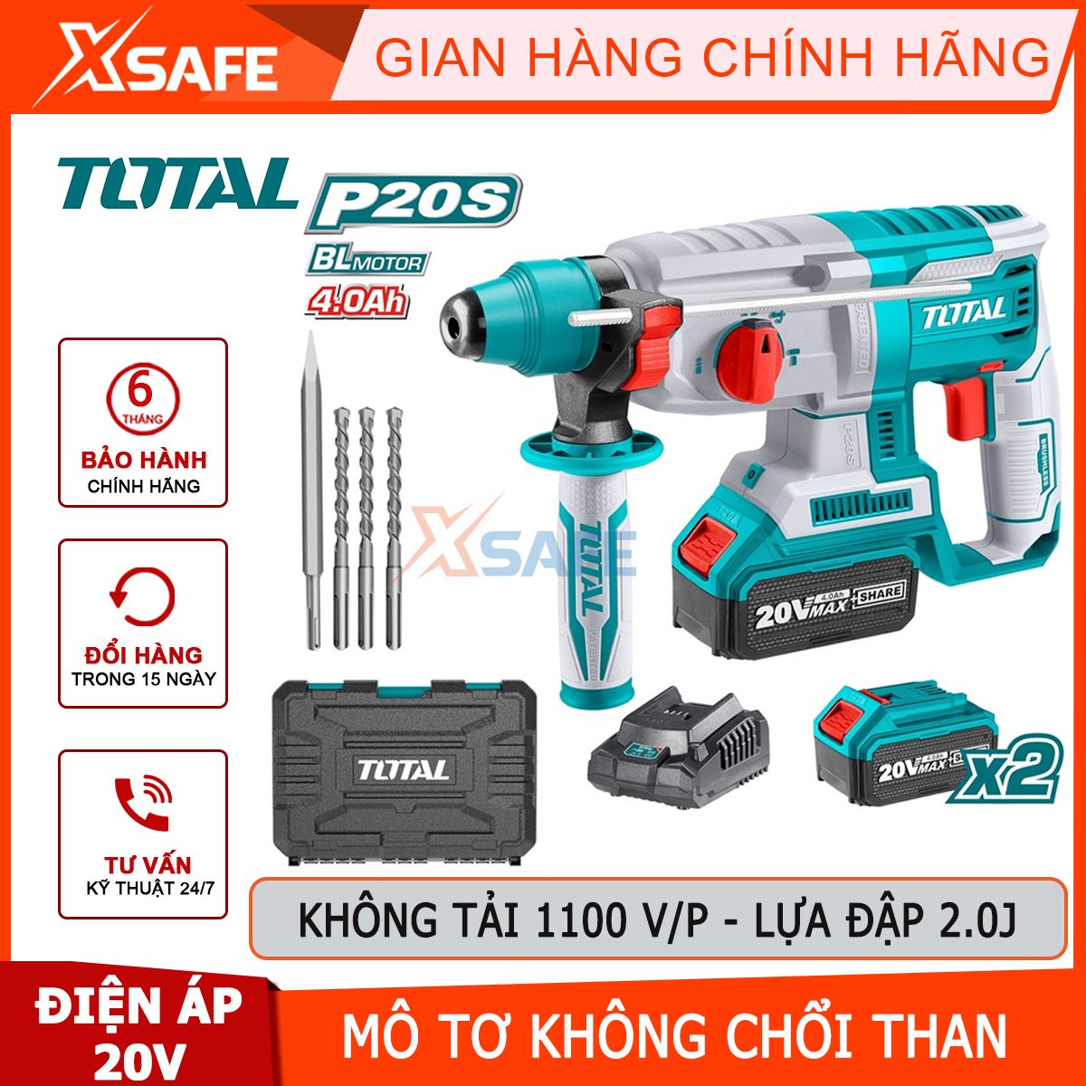 Machine concrete drill battery 20V total TRHLI202287 brushless motor, speed 1100 v/p, force beating 2J,