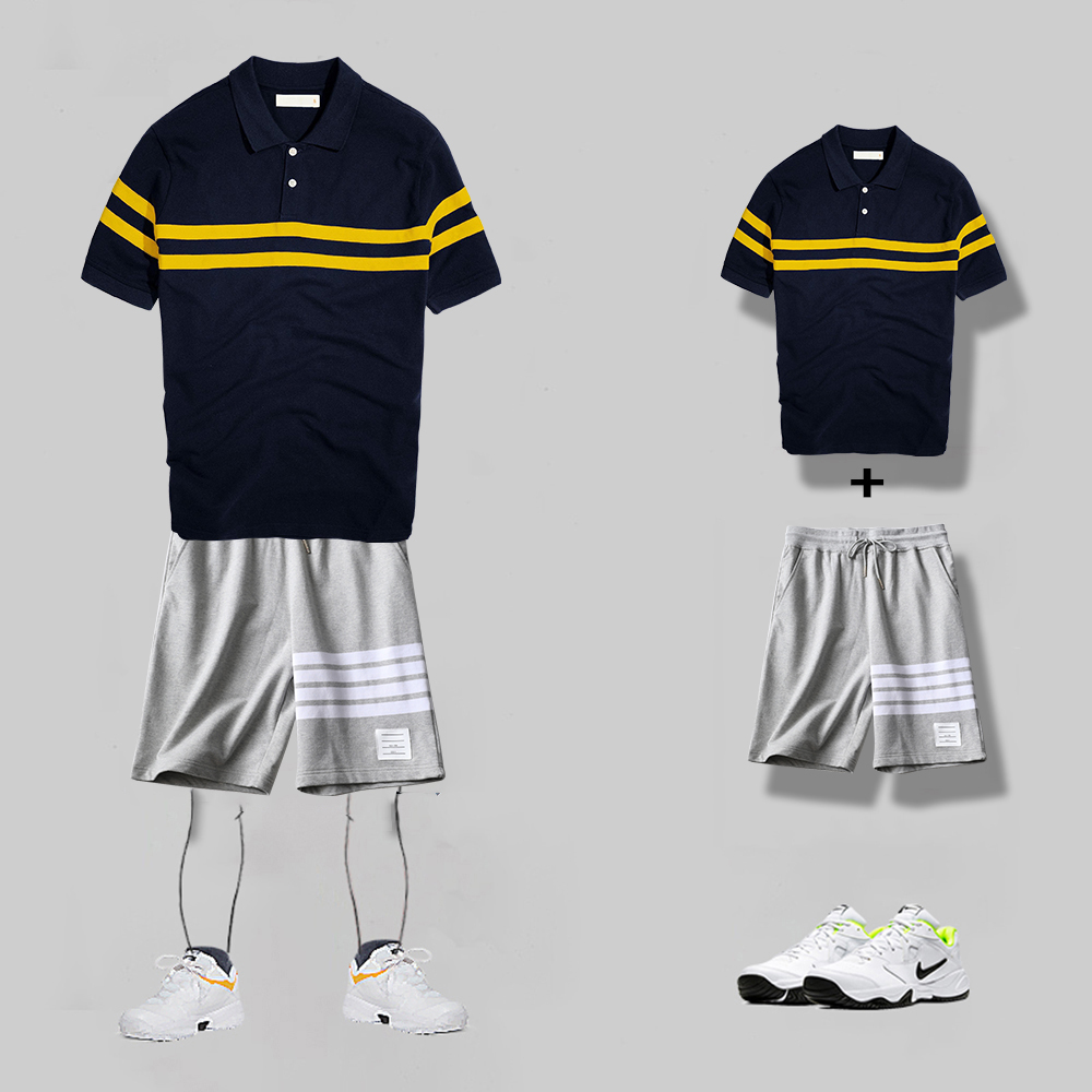 Bộ Quần Áo Thun Nam Áo Thun Cộc Tay Polo Họa Tiết Kẻ Sọc Đơn Giản Kết Hợp Quần Short Kẻ Sọc Thể Thao Dáng Basic Thời Trang FASHION4MEN SET GHÉP TOP 157 + SHORT 16