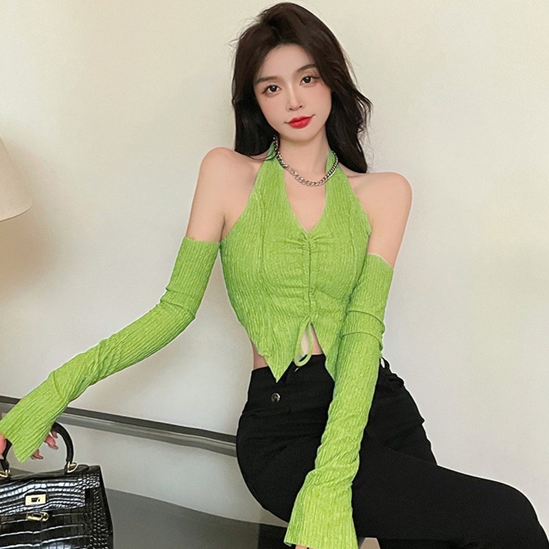 Áo kiểu dây choàng cổ rút dây ngực + tay phối