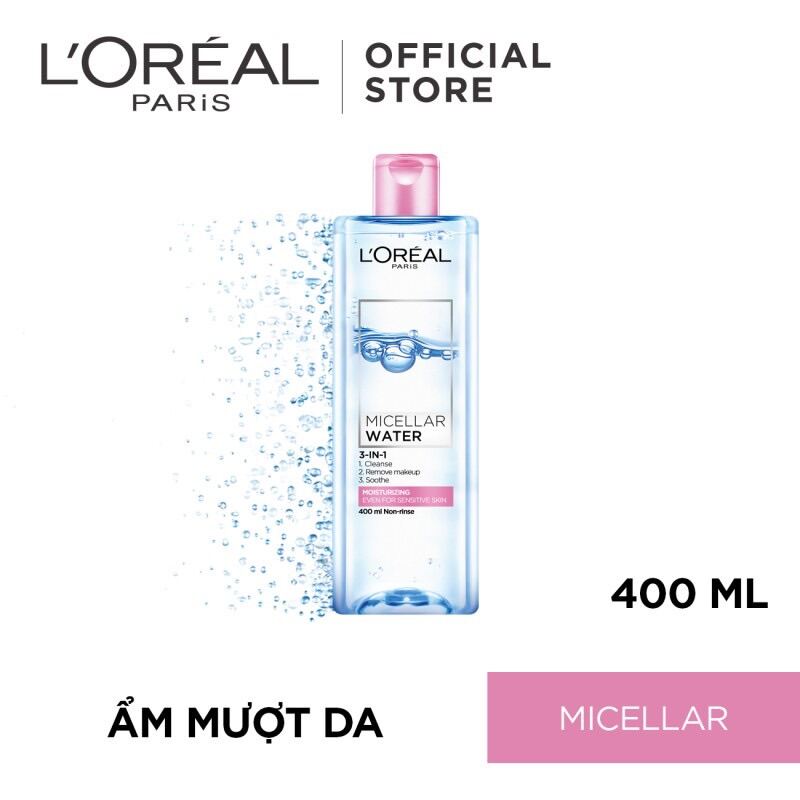 [CHÍNH HÃNG] Nước tẩy trang dưỡng ẩm mượt da 3-in-1 L'Oreal Paris Micellar Water ( hồng )