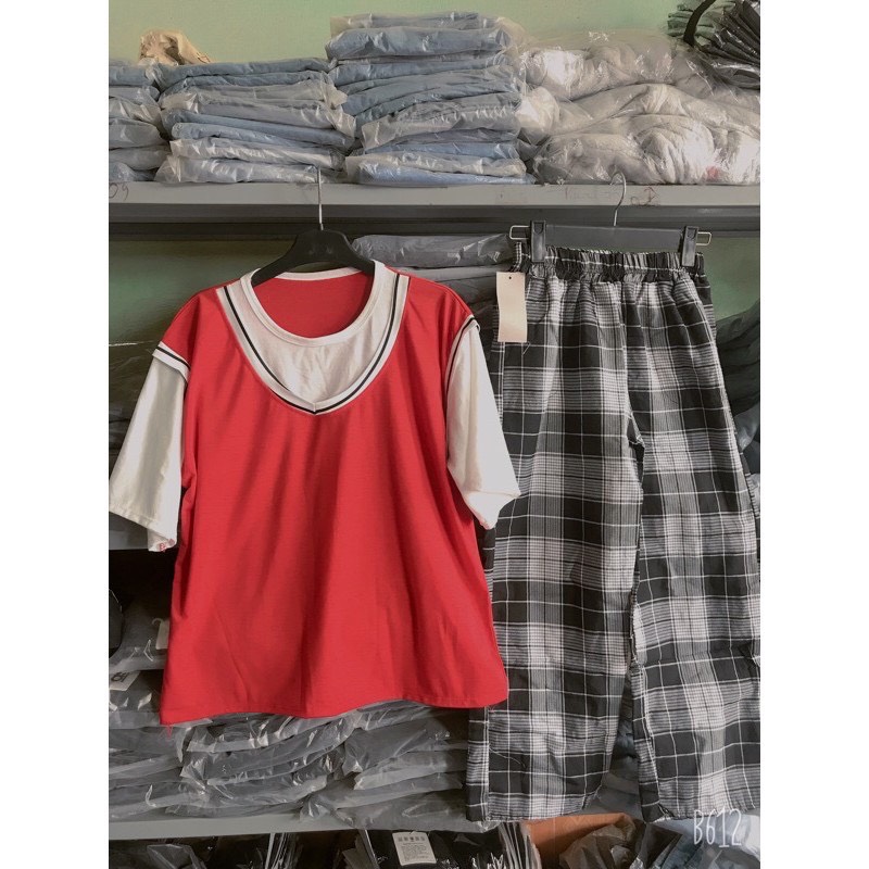 Sét áo viền gile + quần karo kẻ