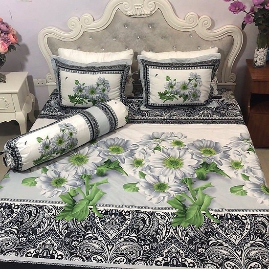 Set 3 Món Ga Gối Cotton Cúc Trắng 3D