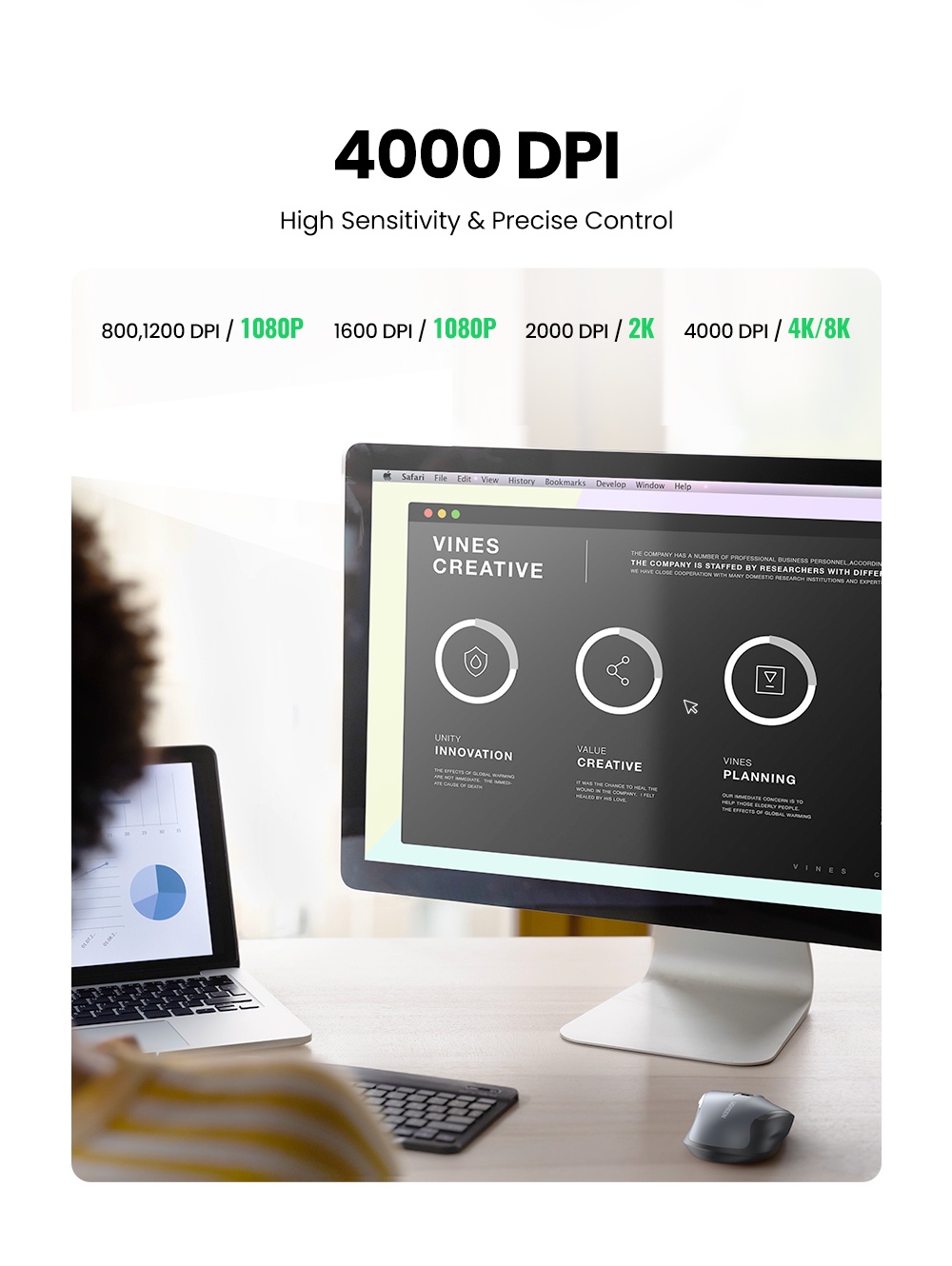 Chuột không dây UGREEN Ergonomic Wireless Bluetooth Mouse 2.4G 4000DPI Silence Design MU006