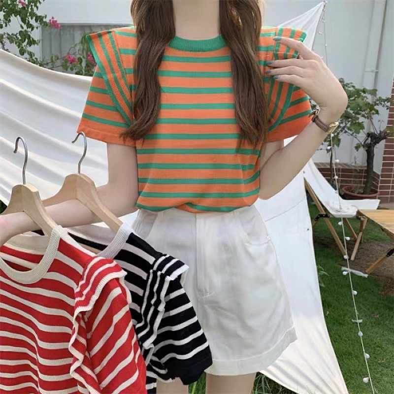 Áo Len Dệt Kim Nữ Tay Bèo - Áo Thun Nữ Cộc Tay Cổ Tròn Phối Kẻ Màu Thời Trang - LCXA160
