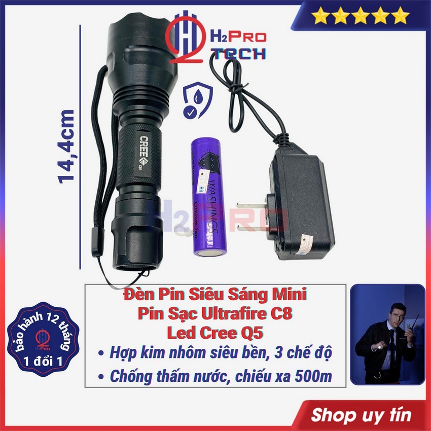 Đèn pin mini cầm tay ultrafire c8 led cree q5 trắng siêu sáng có sạc-chống nước-3 chế độ, tặng củ và pin sạc-h2pro tech