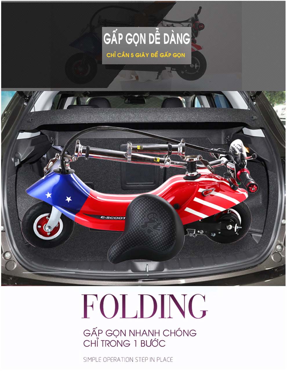 Xe Điện Gấp Gọn Mini E-SCOOTER (Ác Quy 24V-12A/ Có Giảm Sóc Trước/ Tặng Ghế Em Bé)