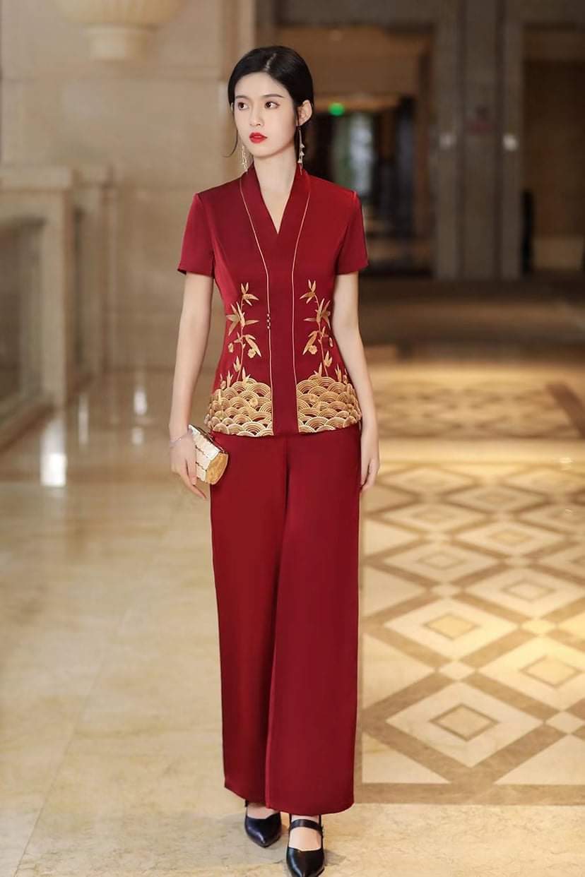 Đồ lam nữ đi chùa - bộ áo bà lai trung thêu họa tiết al049