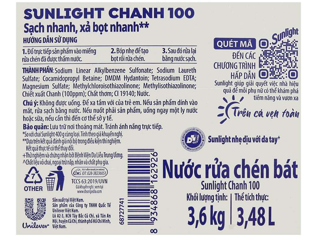 Nước rửa chén Sunlight Chanh 100 can 3,8kg