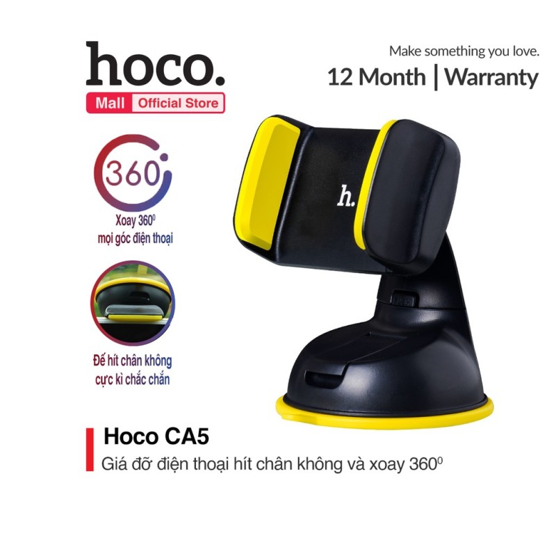 Giá đỡ Hoco CA5 kẹp điện thoại di động trên xe hơi xoay 360 độ đế hít chân không cực kì chắc chắn