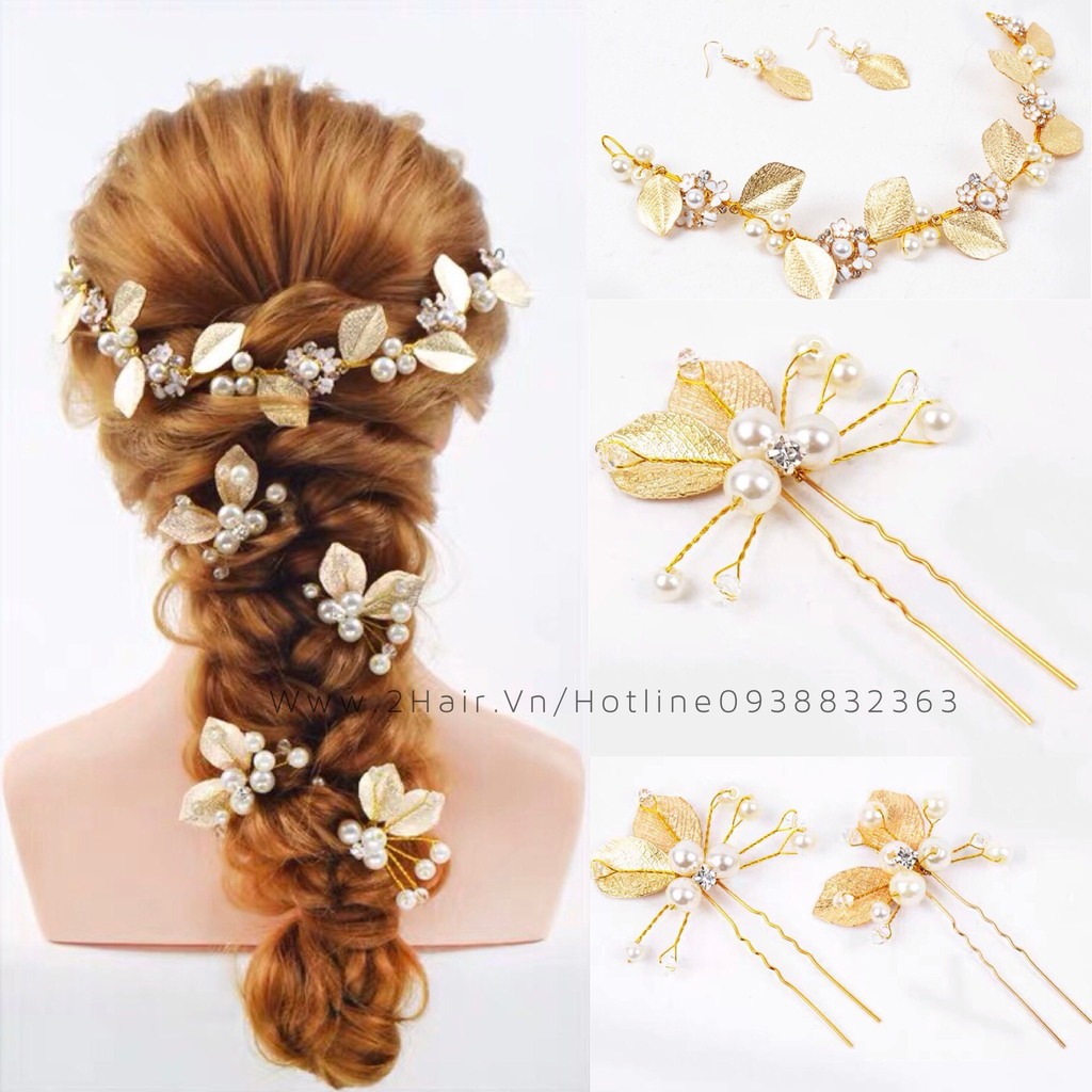 [HCM]Trâm Cài Tóc Lá Vàng Đính Đá & Hạt Trai Nhân Tạo (combo 3 cái)