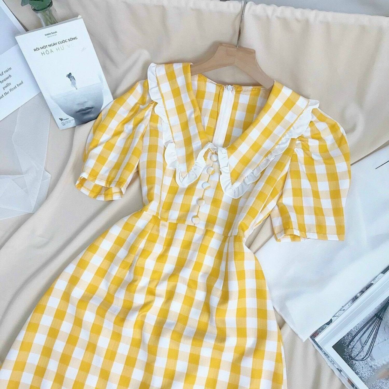 [Siêu Sale 12.12] Đầm Caro Kate Cổ Bèo Dáng Xòe Tiểu Thơ