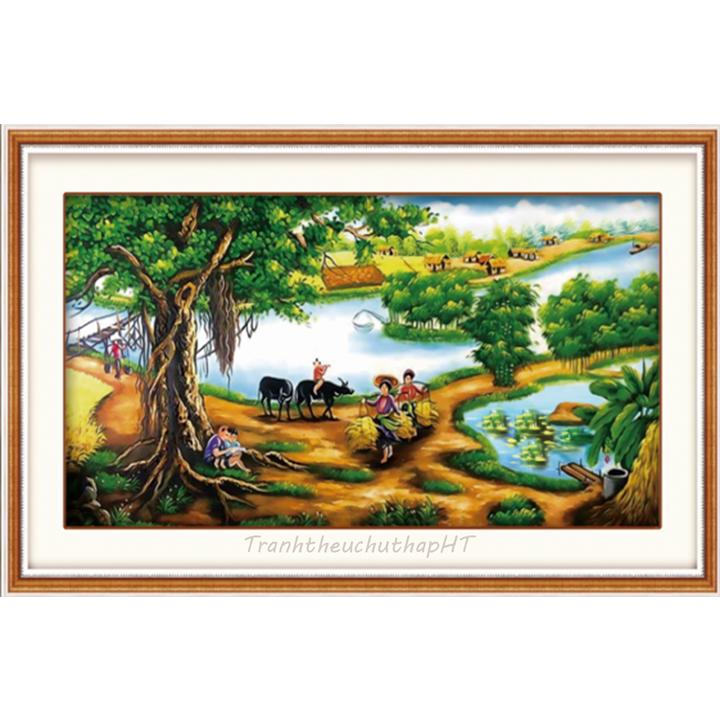 [HCM]Tranh đính đá phong cảnh làng quê LV015 - tự đính