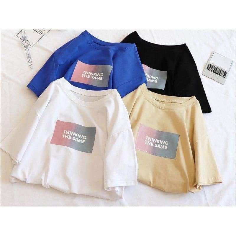 Áo thun nữ form rộng Hàn Quốc in hình THINKING THE SAM dễ thương vải dày mịn mát