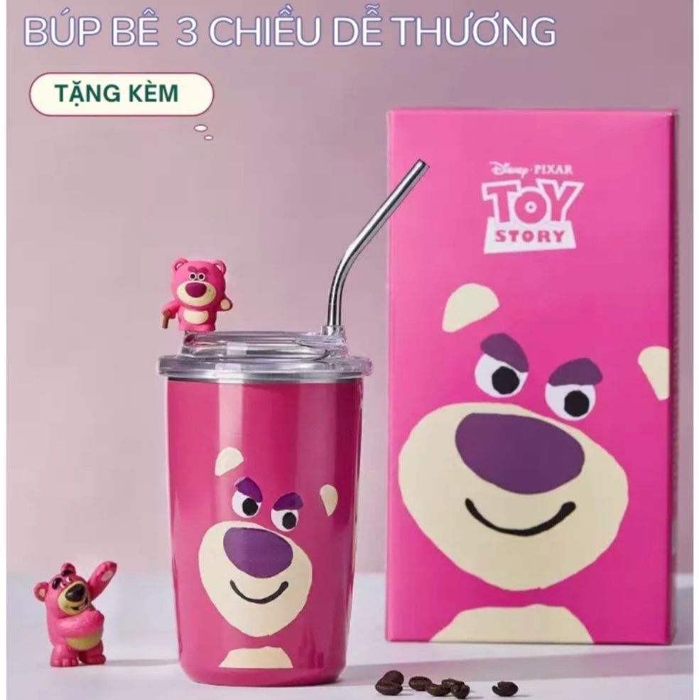 Disney bear pink thermal cup, Little Bear pink thermal cup with lid baby red bear 3D floating cup, straw capacity 450ml