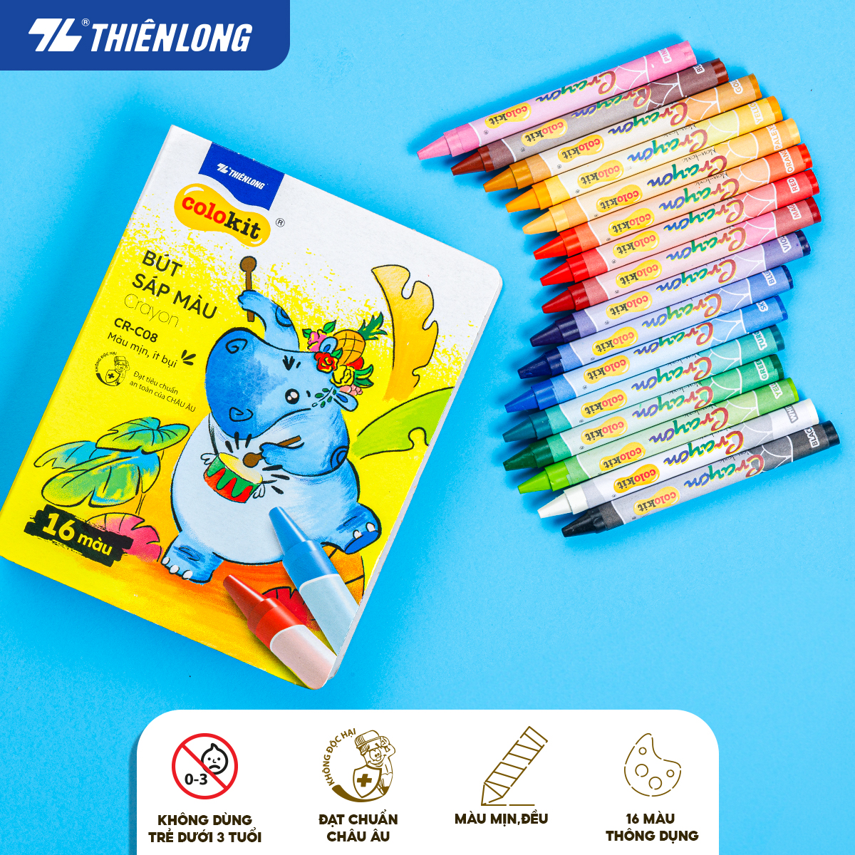 Bút sáp màu Thiên Long Colokit 16 màu mịn, ít bụi, đều màu an toàn cho bé tô màu, vẽ tranh CR-C08