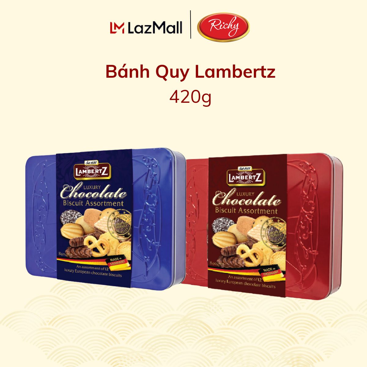 Hộp Bánh Tết Nhập Khẩu Lambertz, Hộp Thiếc 420g - Bánh Kẹo Richy