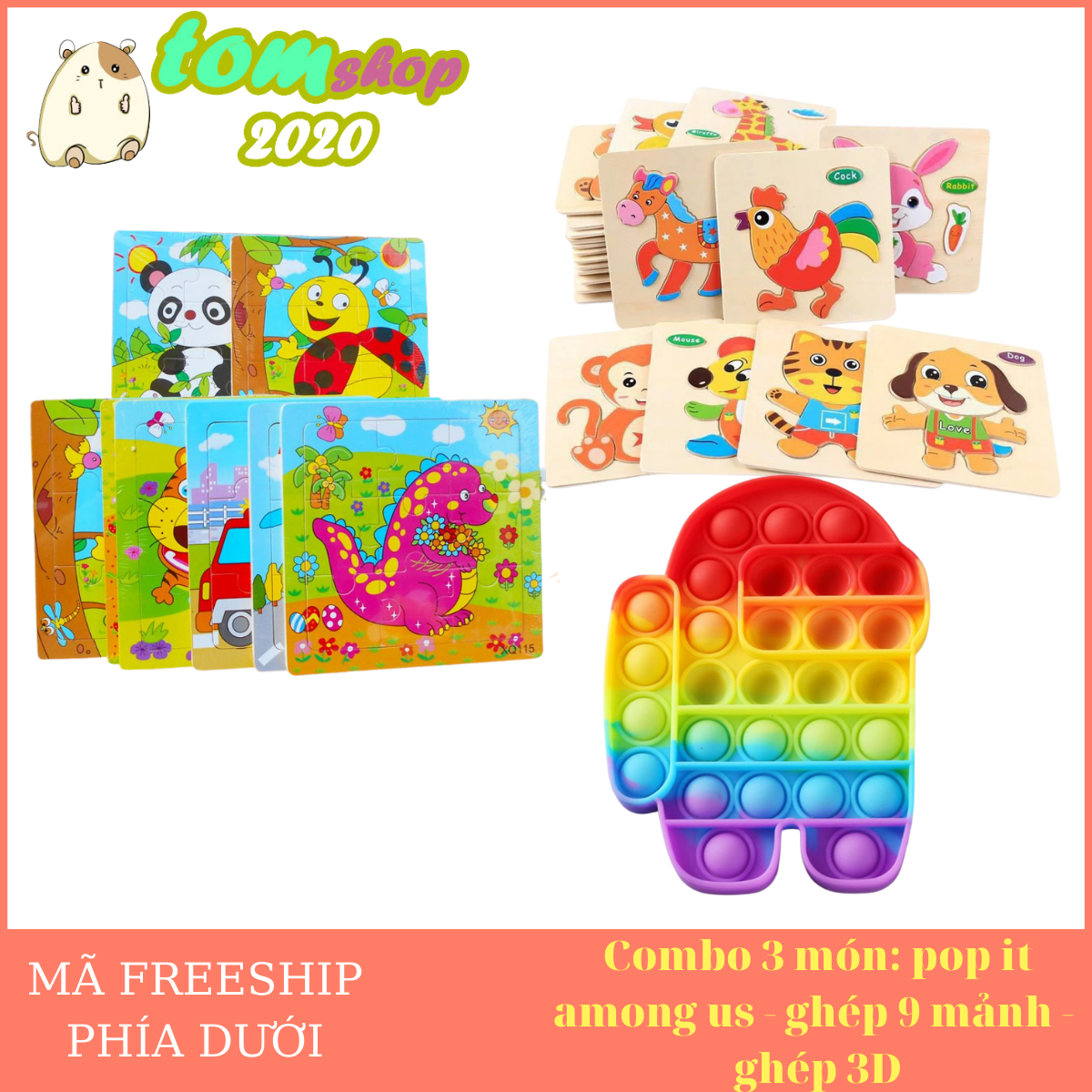 Combo 3 món: pop it among us - ghép 9 mảnh -  ghép 3D