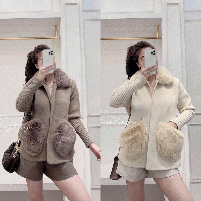 áo khoác len ép cổ túi lông hàng cao cấp