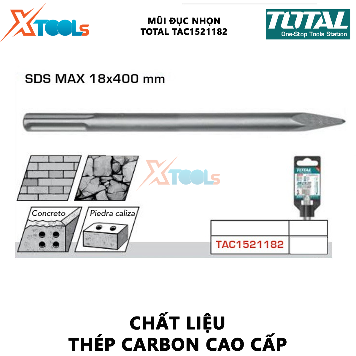 Mũi đục nhọn Total TAC1521182 | mũi đục nhọn size 18X400mm, độ bền cao, chịu nhiệt